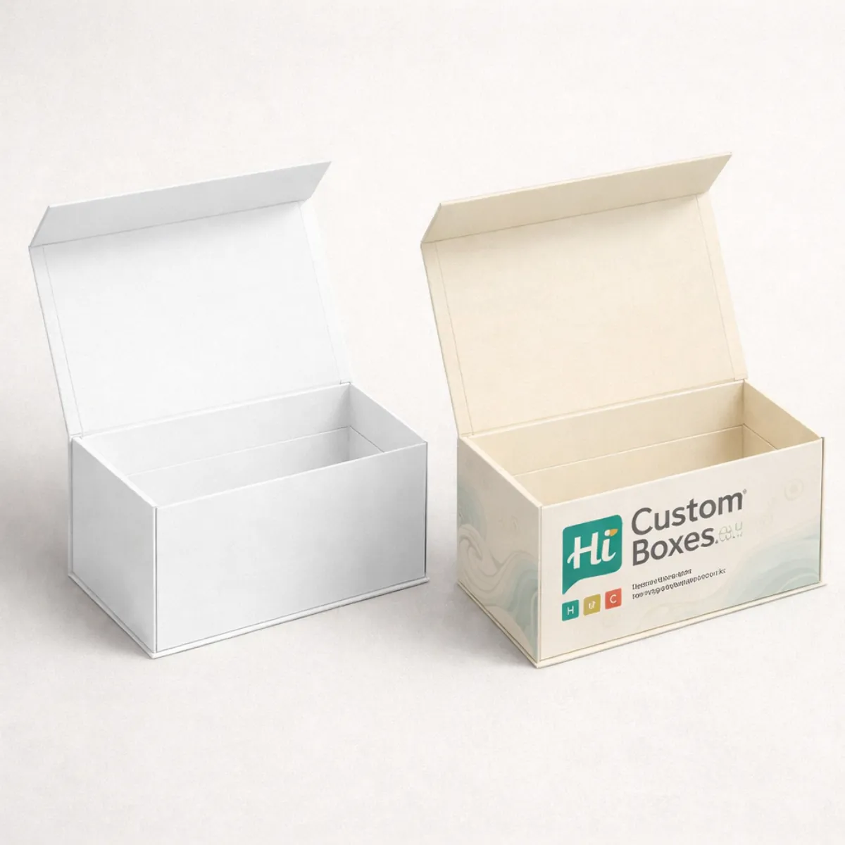 Two deep rectangular boxes with hinged lids- one plain white and one with printed graphics- class=